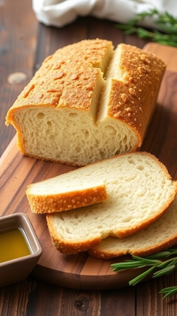 A golden loaf of low-carb yeast keto bread sliced on a wooden board, with olive oil and rosemary.